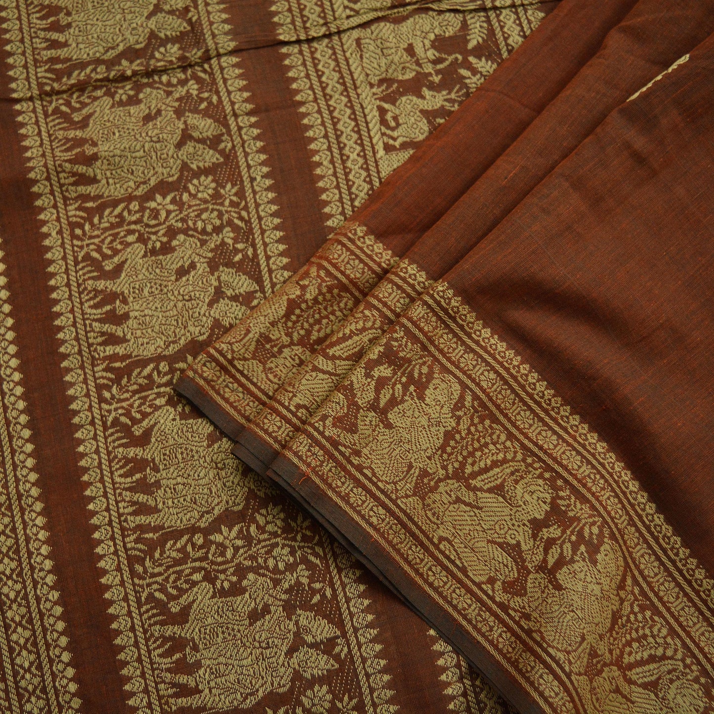 Indian Vintage Dupatta Brown Long Stole Hand Woven Baluchari Pure Cotton Scarves Veil Soft Fringes