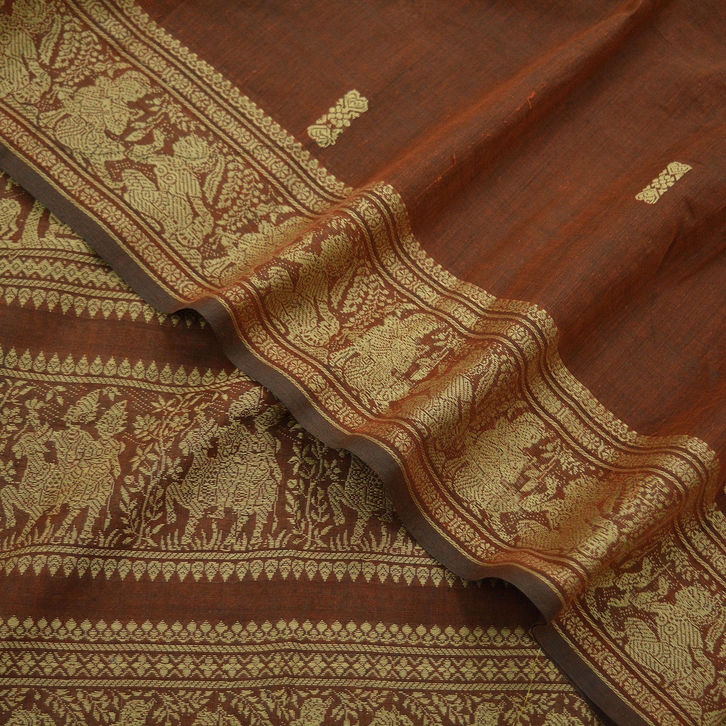 Indian Vintage Dupatta Brown Long Stole Hand Woven Baluchari Pure Cotton Scarves Veil Soft Fringes