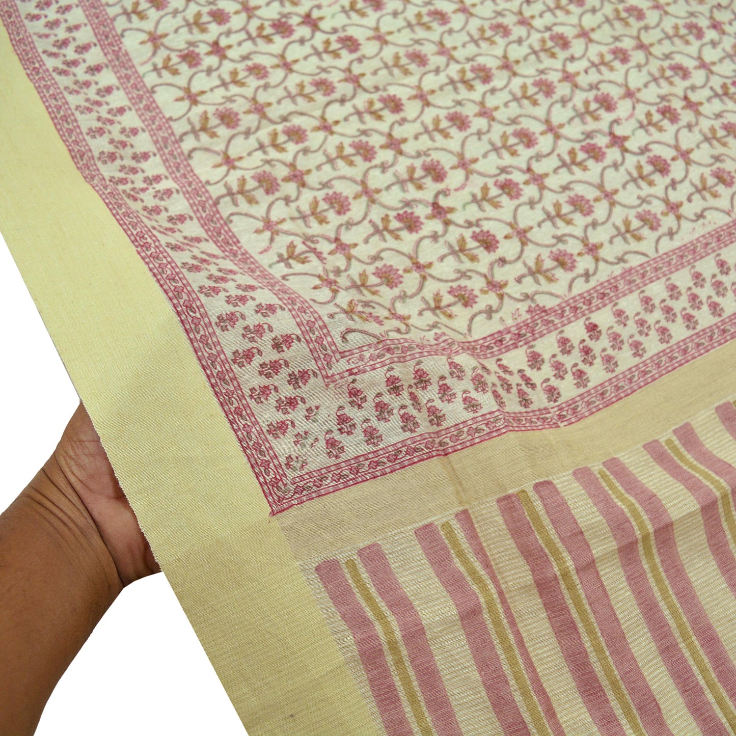 Indian Vintage Dupatta Ivory Long Stole Block Printed Woven Pure Silk Scarves Veil Soft Fringes