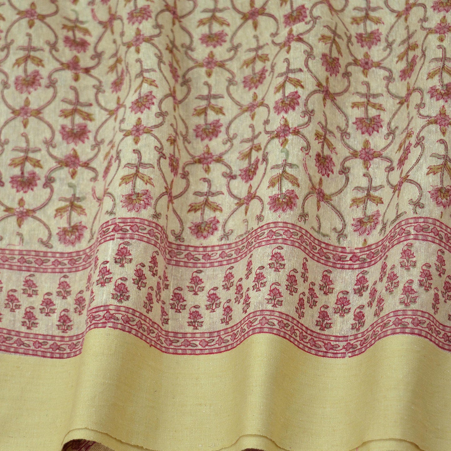 Indian Vintage Dupatta Ivory Long Stole Block Printed Woven Pure Silk Scarves Veil Soft Fringes