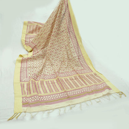 Indian Vintage Dupatta Ivory Long Stole Block Printed Woven Pure Silk Scarves Veil Soft Fringes