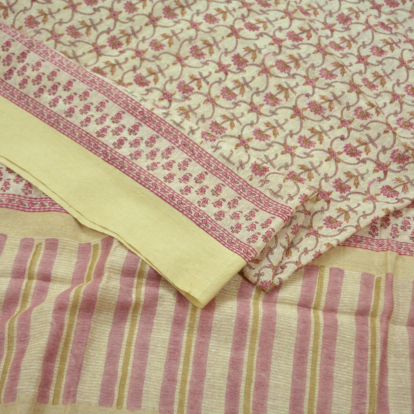 Indian Vintage Dupatta Ivory Long Stole Block Printed Woven Pure Silk Scarves Veil Soft Fringes