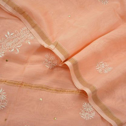 Indian Vintage Peach Dupatta Long Stole Pure Chanderi silk Handmade Mukesh & Chikankari Scarves Veil Scarf Wrap Zari Floral Design