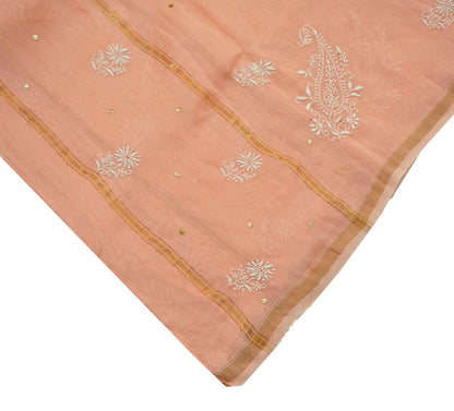 Indian Vintage Peach Dupatta Long Stole Pure Chanderi silk Handmade Mukesh & Chikankari Scarves Veil Scarf Wrap Zari Floral Design