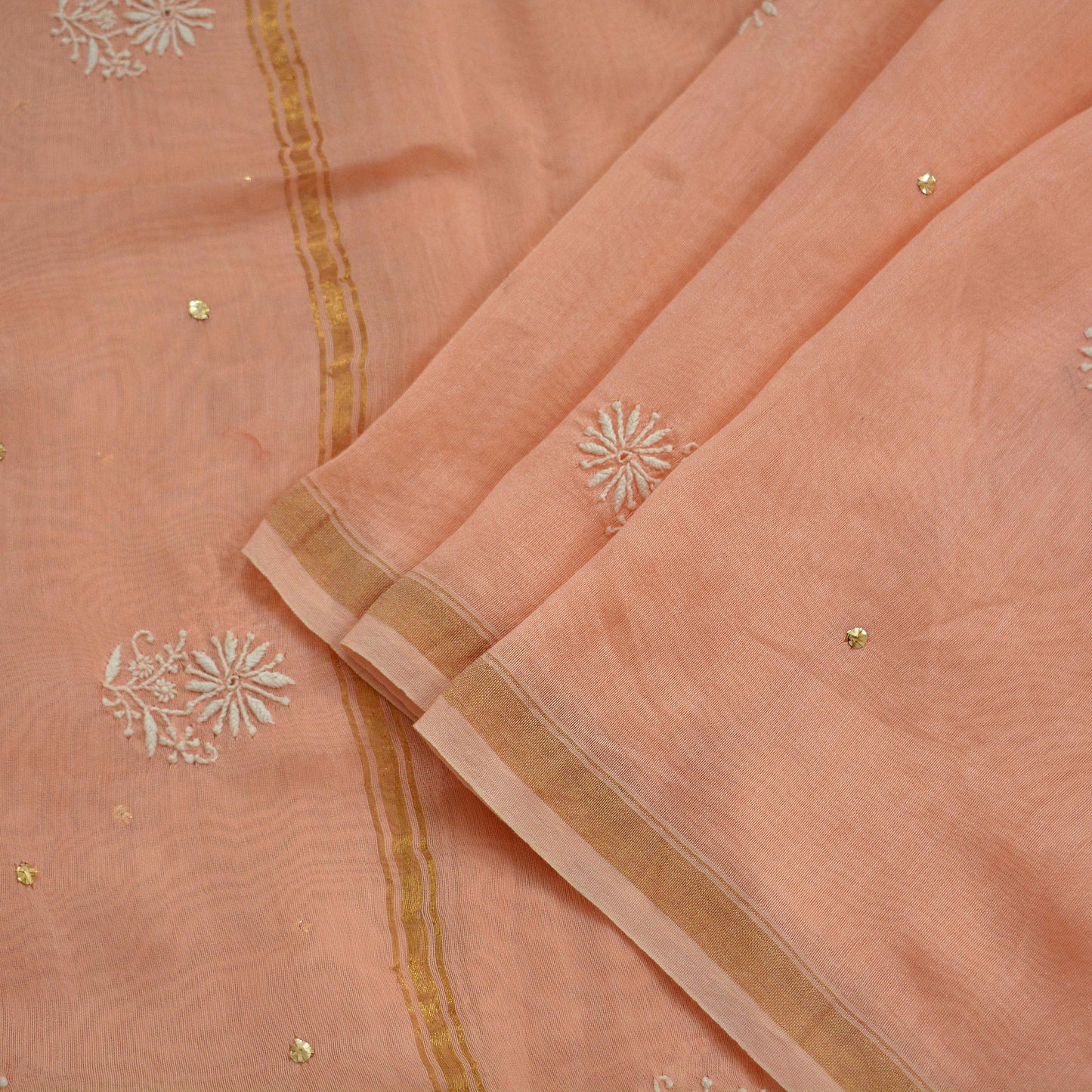 Indian Vintage Peach Dupatta Long Stole Pure Chanderi silk Handmade Mukesh & Chikankari Scarves Veil Scarf Wrap Zari Floral Design