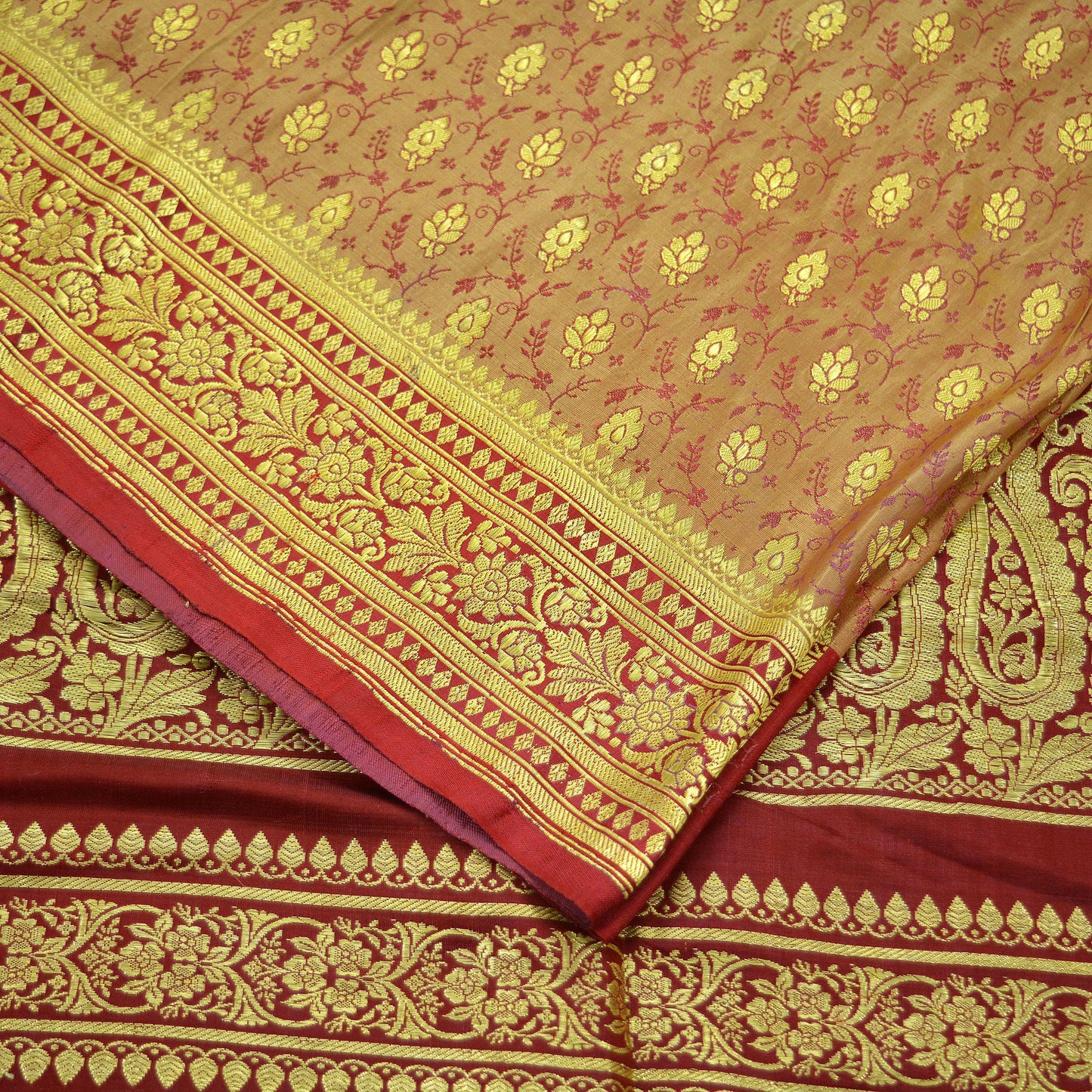 Indian Vintage Golden Beige & Red Heavy Saree Pure Satin Silk Woven Brocade Banarasi Sari Fabric Zari Ethnic 5Yd Bridal Wedding Sarees