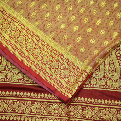 Indian Vintage Golden Beige & Red Heavy Saree Pure Satin Silk Woven Brocade Banarasi Sari Fabric Zari Ethnic 5Yd Bridal Wedding Sarees