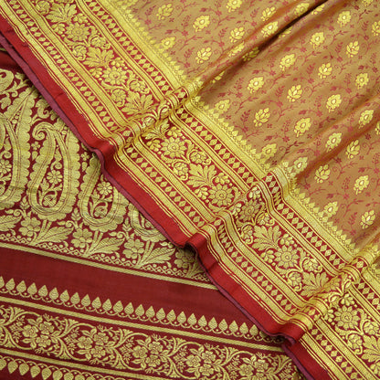 Indian Vintage Golden Beige & Red Heavy Saree Pure Satin Silk Woven Brocade Banarasi Sari Fabric Zari Ethnic 5Yd Bridal Wedding Sarees