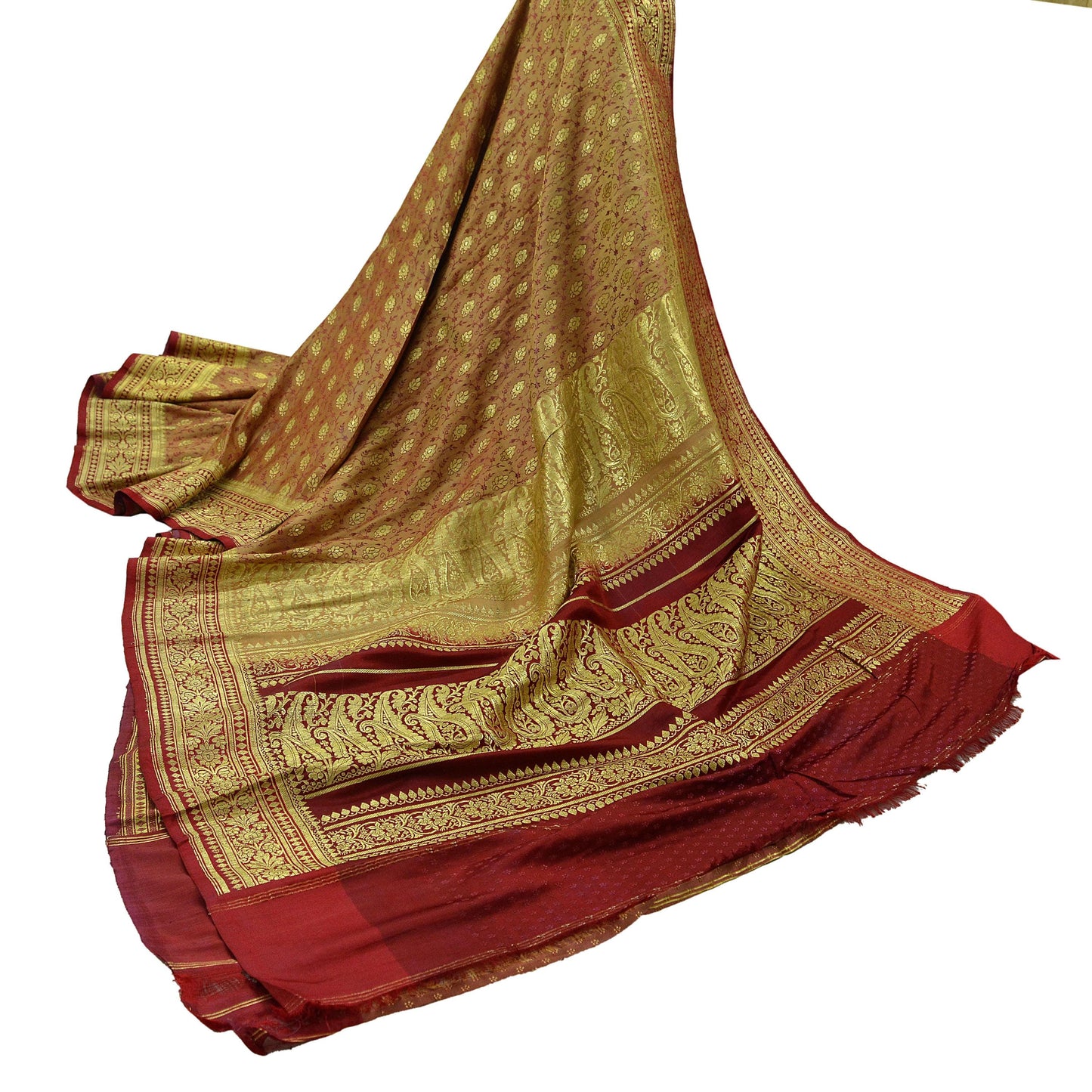 Indian Vintage Golden Beige & Red Heavy Saree Pure Satin Silk Woven Brocade Banarasi Sari Fabric Zari Ethnic 5Yd Bridal Wedding Sarees