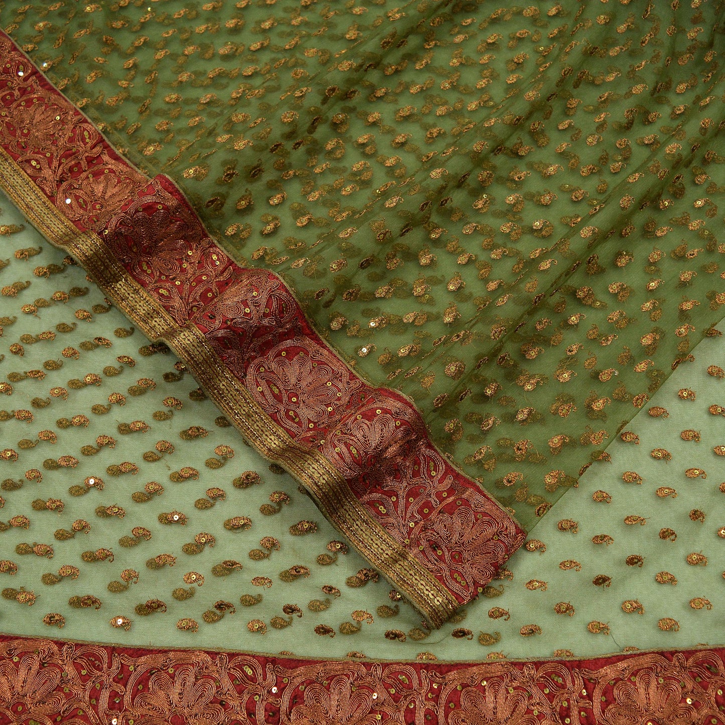 Indian Vintage Heavy Saree Green Net/Mesh Hand Embroidered Sari Fabric 5Yd Sewing Soft Zardozi/Dabka Zari Sequins Wedding/ Bridal party wear