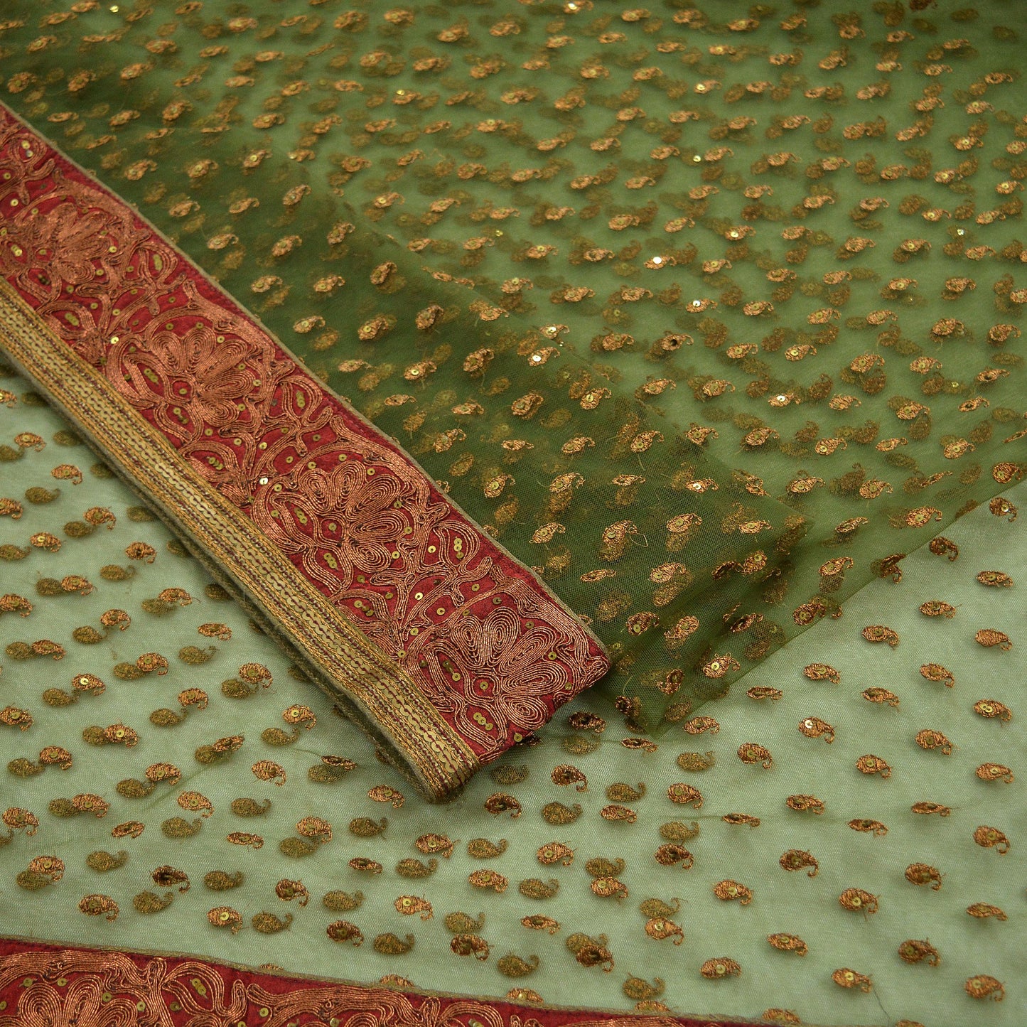 Indian Vintage Heavy Saree Green Net/Mesh Hand Embroidered Sari Fabric 5Yd Sewing Soft Zardozi/Dabka Zari Sequins Wedding/ Bridal party wear