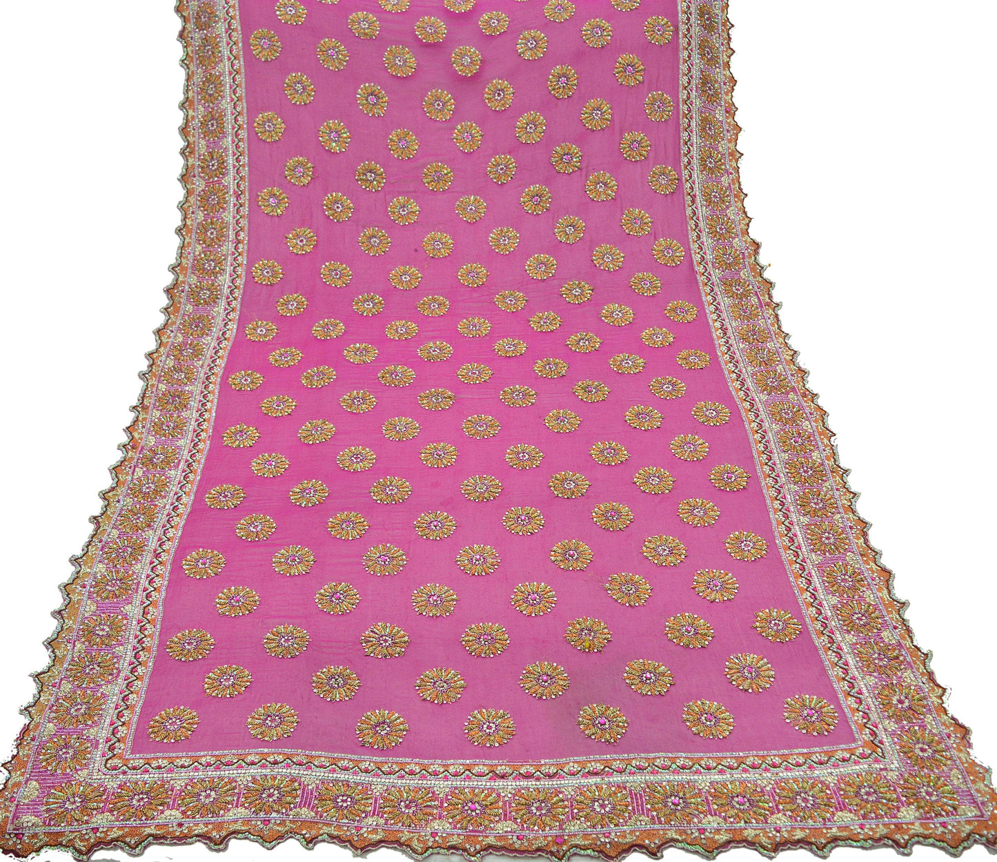 Indian Vintage Heavy Bridal Rani Pink Dupatta Pure Georgette Silk Long Stole Hand Embroidered Scarf Zardozi/Dabka Wedding red Hijab veil