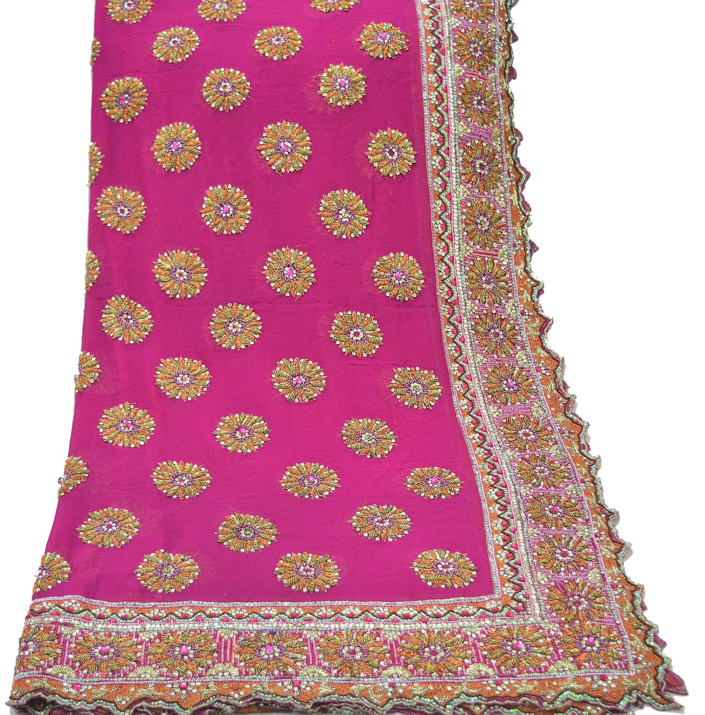 Indian Vintage Heavy Bridal Rani Pink Dupatta Pure Georgette Silk Long Stole Hand Embroidered Scarf Zardozi/Dabka Wedding red Hijab veil