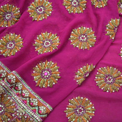 Indian Vintage Heavy Bridal Rani Pink Dupatta Pure Georgette Silk Long Stole Hand Embroidered Scarf Zardozi/Dabka Wedding red Hijab veil