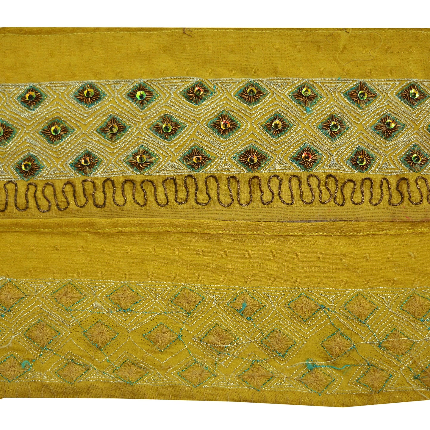 Indian Vintage Yellow Sari Border Hand Embroidered Indian Craft Trim Lace Sewing Sari Ribbon Pure Crepe silk  Zardozi/Dabka Zari