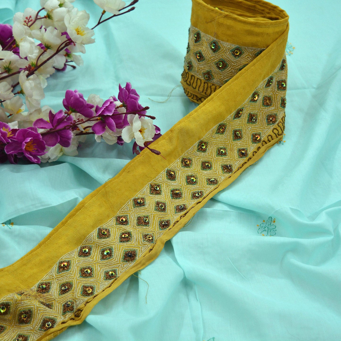 Indian Vintage Yellow Sari Border Hand Embroidered Indian Craft Trim Lace Sewing Sari Ribbon Pure Crepe silk  Zardozi/Dabka Zari