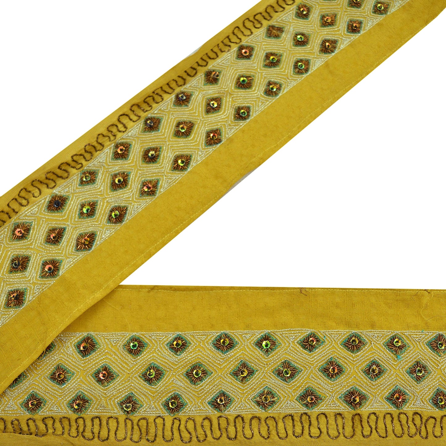 Indian Vintage Yellow Sari Border Hand Embroidered Indian Craft Trim Lace Sewing Sari Ribbon Pure Crepe silk  Zardozi/Dabka Zari