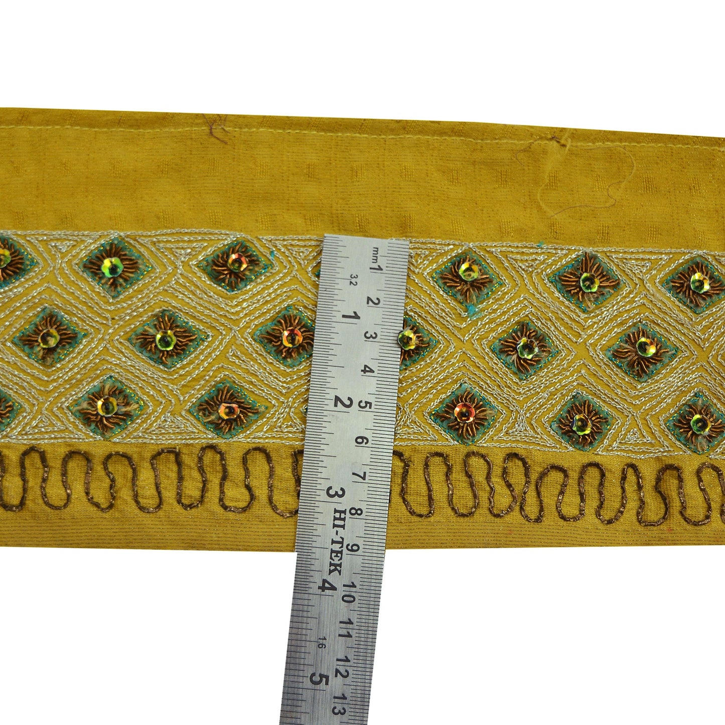 Indian Vintage Yellow Sari Border Hand Embroidered Indian Craft Trim Lace Sewing Sari Ribbon Pure Crepe silk  Zardozi/Dabka Zari