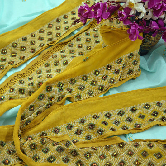 Indian Vintage Yellow Sari Border Hand Embroidered Indian Craft Trim Lace Sewing Sari Ribbon Pure Crepe silk  Zardozi/Dabka Zari