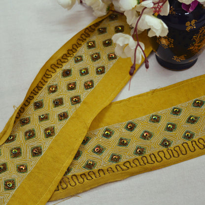 Indian Vintage Yellow Sari Border Hand Embroidered Indian Craft Trim Lace Sewing Sari Ribbon Pure Crepe silk  Zardozi/Dabka Zari