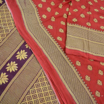 Indian Vintage Sari Purple & Red Printed Pure Cotton Saree Craft Fabric 5Yd Sewing Sarong Wrap Boho Floral Crafting Upcycle Quilting Used