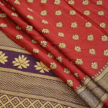 Indian Vintage Sari Purple & Red Printed Pure Cotton Saree Craft Fabric 5Yd Sewing Sarong Wrap Boho Floral Crafting Upcycle Quilting Used