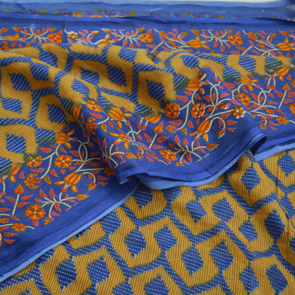 Indian Vintage Saffron & Blue Saree Printed Pure Cotton Indian Sari Craft Fabric 5Yd Sewing Soft Sarong Wrap Boho Floral Quilting Crafting