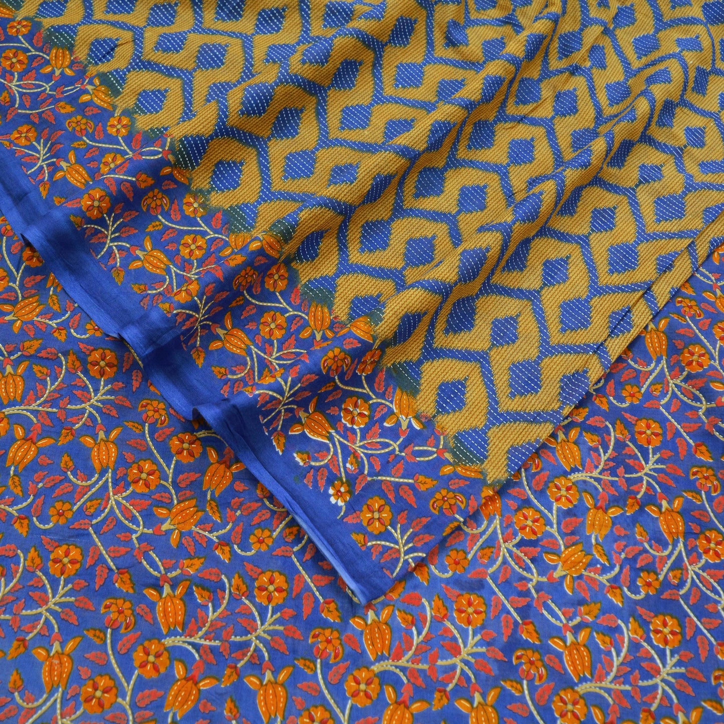 Indian Vintage Saffron & Blue Saree Printed Pure Cotton Indian Sari Craft Fabric 5Yd Sewing Soft Sarong Wrap Boho Floral Quilting Crafting