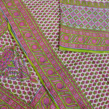 Indian Vintage Sari Ivory & Green Pure Silk Printed Sarees 5yd Sewing Craft Fabric Dress Making Soft Crafting Quilting Upcycle old Paisley