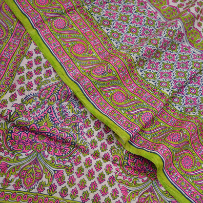 Indian Vintage Sari Ivory & Green Pure Silk Printed Sarees 5yd Sewing Craft Fabric Dress Making Soft Crafting Quilting Upcycle old Paisley