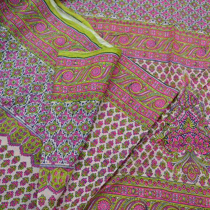 Indian Vintage Sari Ivory & Green Pure Silk Printed Sarees 5yd Sewing Craft Fabric Dress Making Soft Crafting Quilting Upcycle old Paisley