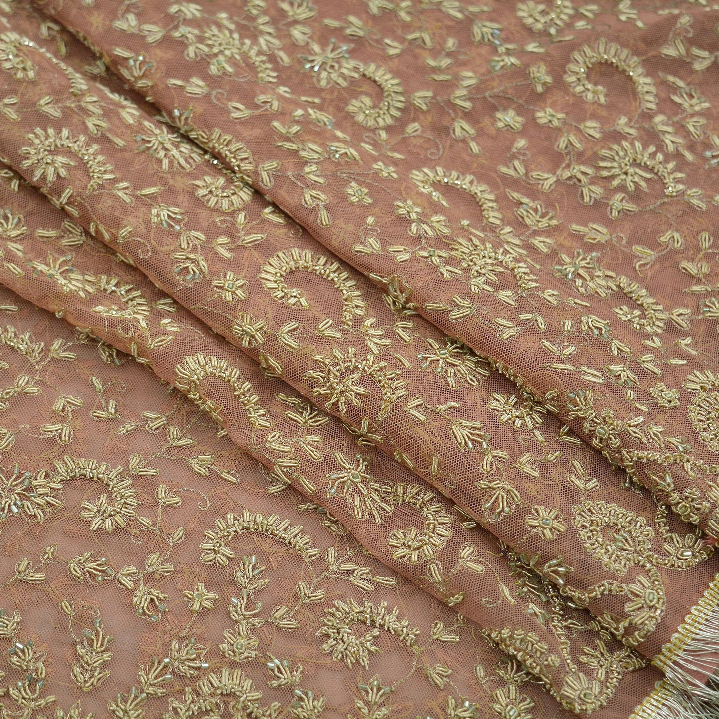 Indian Vintage Heavy Bridal Dupatta Peach Net Mesh Long Stole Hand Embroidered Scarf Golden Zardozi Zari Glass Beaded Stole