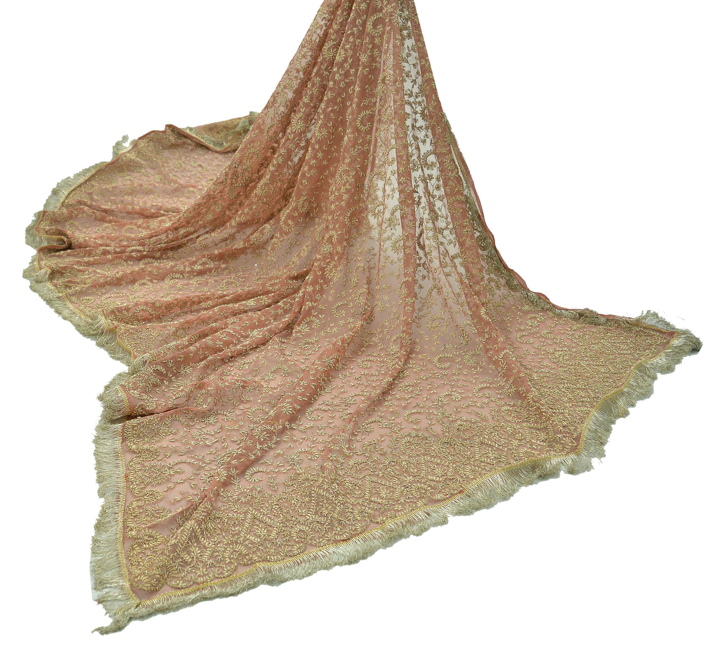 Indian Vintage Heavy Bridal Dupatta Peach Net Mesh Long Stole Hand Embroidered Scarf Golden Zardozi Zari Glass Beaded Stole