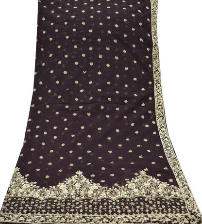 Indian Vintage Heavy Coffee Brown Dupatta Net Mesh Long Stole Hand Embroidered Scarves Golden Zardozi/Dabka Zari Sequins Stole