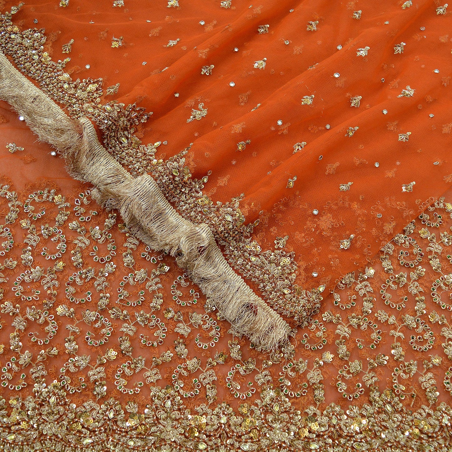 Indian Vintage Bridal Heavy Orange Dupatta Net Mesh Long Stole Hand Embroidered Scarves Golden Zardozi Dabka Zari Sequins Wedding Veil