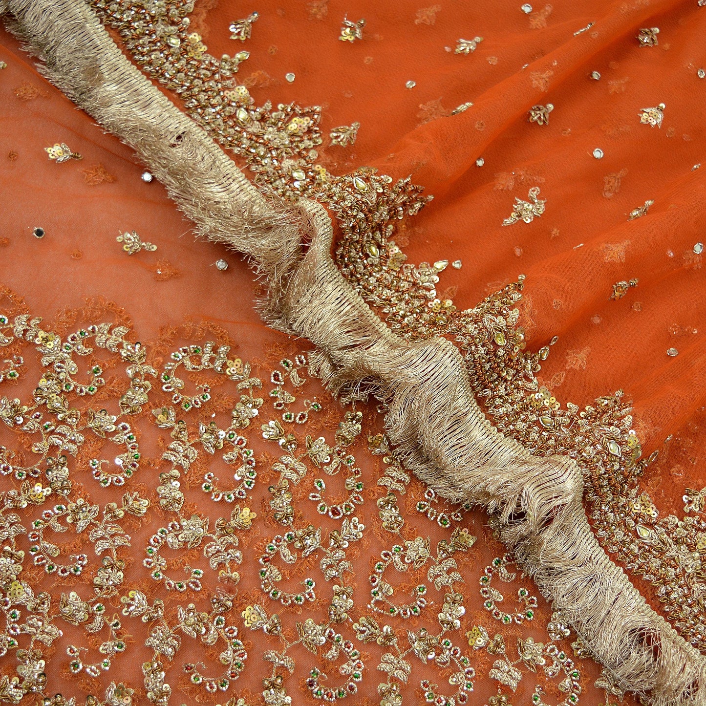 Indian Vintage Bridal Heavy Orange Dupatta Net Mesh Long Stole Hand Embroidered Scarves Golden Zardozi Dabka Zari Sequins Wedding Veil