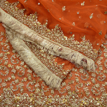 Indian Vintage Bridal Heavy Orange Dupatta Net Mesh Long Stole Hand Embroidered Scarves Golden Zardozi Dabka Zari Sequins Wedding Veil