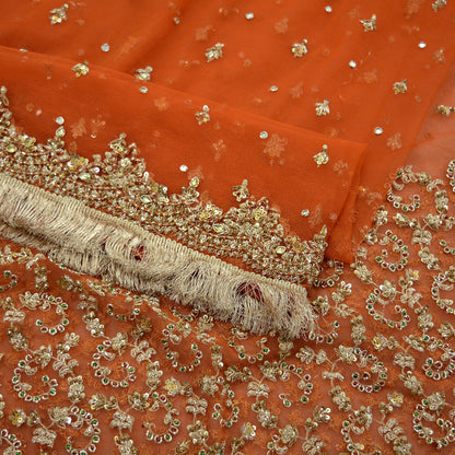 Indian Vintage Bridal Heavy Orange Dupatta Net Mesh Long Stole Hand Embroidered Scarves Golden Zardozi Dabka Zari Sequins Wedding Veil