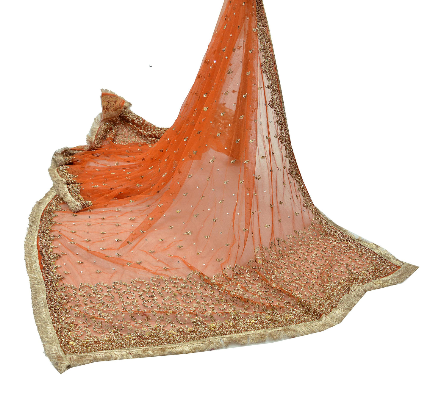 Indian Vintage Bridal Heavy Orange Dupatta Net Mesh Long Stole Hand Embroidered Scarves Golden Zardozi Dabka Zari Sequins Wedding Veil