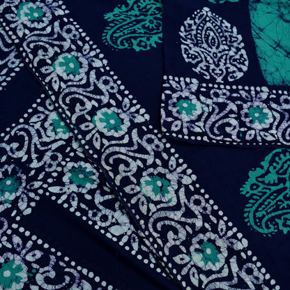 Indian Vintage Sari Green & Blue Batik Printed Saree 100% Pure Cotton 5Yd Craft Fabric Soft Sewing Sarong Wrap Boho Quilting Dress Making