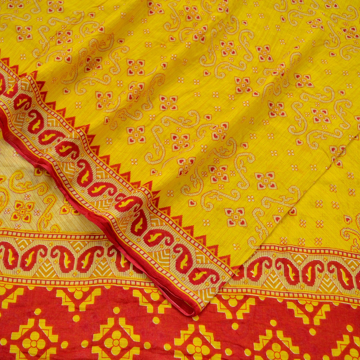 Indian Vintage Sari Red & Yellow Printed 100% Pure Cotton Saree Craft Soft Fabric 5Yard Sewing Sarong Wrap Boho