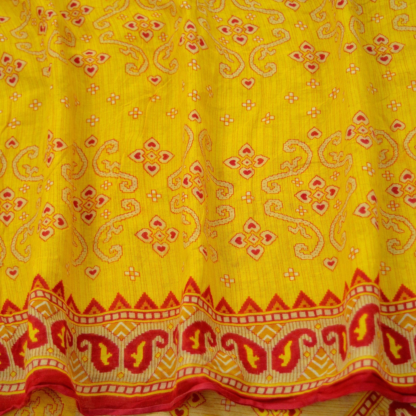 Indian Vintage Sari Red & Yellow Printed 100% Pure Cotton Saree Craft Soft Fabric 5Yard Sewing Sarong Wrap Boho