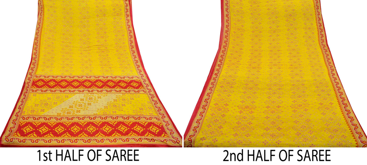 Indian Vintage Sari Red & Yellow Printed 100% Pure Cotton Saree Craft Soft Fabric 5Yard Sewing Sarong Wrap Boho