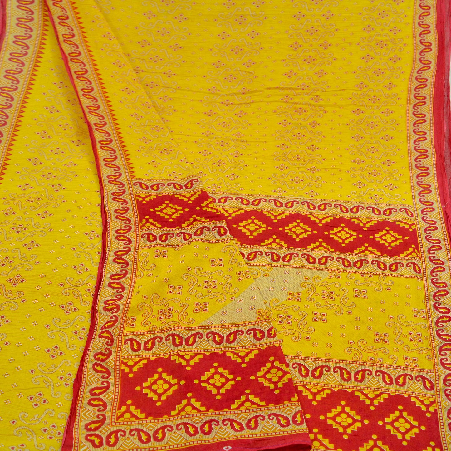 Indian Vintage Sari Red & Yellow Printed 100% Pure Cotton Saree Craft Soft Fabric 5Yard Sewing Sarong Wrap Boho