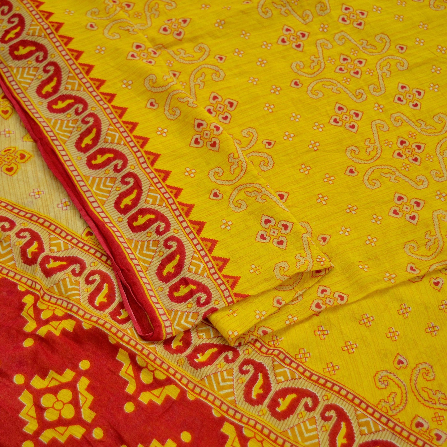 Indian Vintage Sari Red & Yellow Printed 100% Pure Cotton Saree Craft Soft Fabric 5Yard Sewing Sarong Wrap Boho