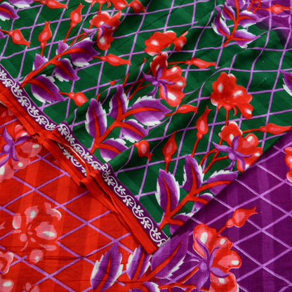 Indian Vintage Sari Green & Red Printed Pure Cotton Saree Craft Fabric 5Yd Sewing Sarong Wrap Boho Floral Crafting Upcycle Quilting Used