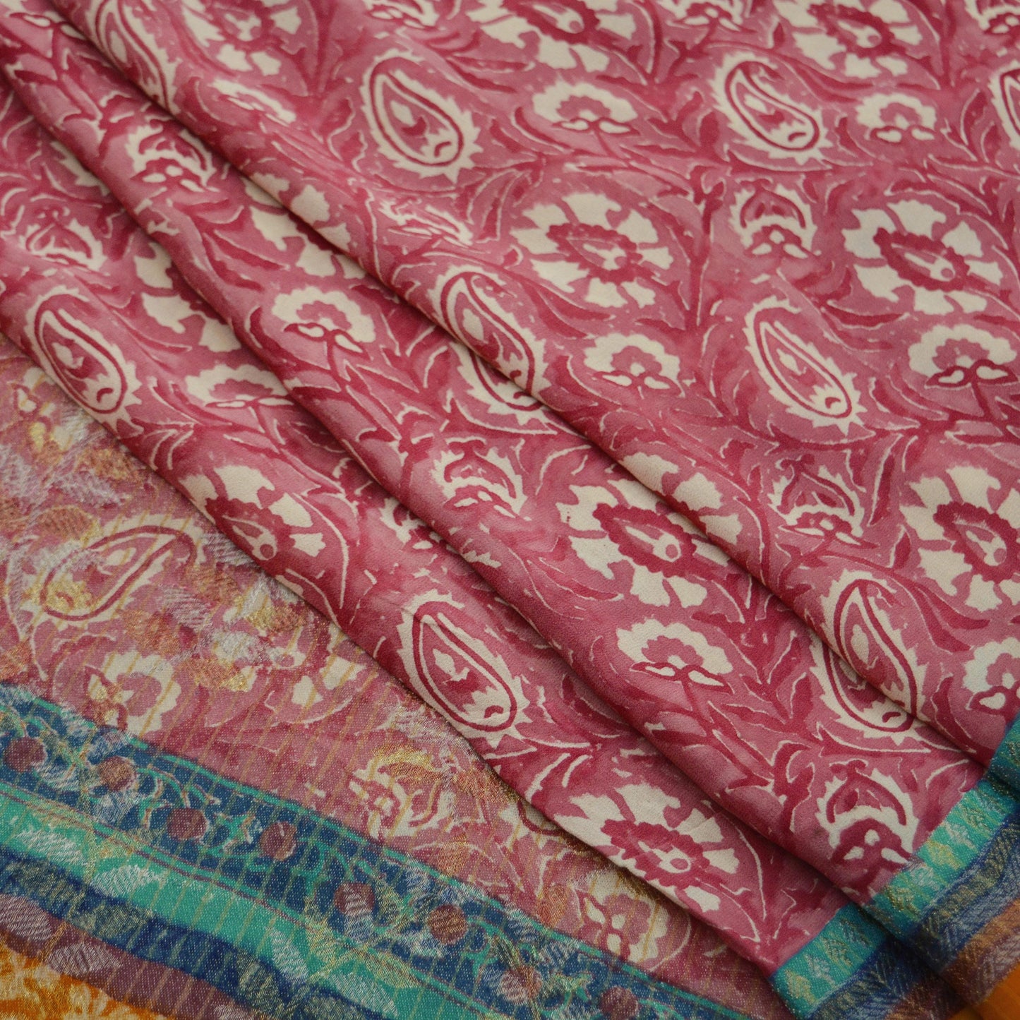 Indian Vintage Sari Ivory & Pink Pure Georgette Silk Printed Saree Craft Fabric Sewing 5Yd Soft Light Dress Making Crafting Quilting Upcycle