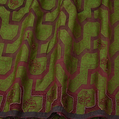 The vintage Creations Indian Vintage Sari Green & Maroon Hand Embroidered Saree Pure Organza Silk Fabric 5Yd Ethnic Dress Making Crafting