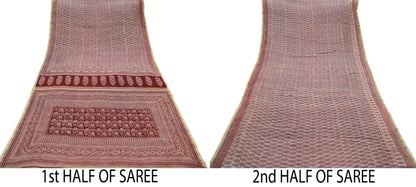 The vintage Creation Indian Vintage Sari Maroon Pure chanderi Silk Block Printed Sarees Craft Fabric 6Yd Soft Zari Border Dress making