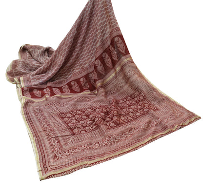 The vintage Creation Indian Vintage Sari Maroon Pure chanderi Silk Block Printed Sarees Craft Fabric 6Yd Soft Zari Border Dress making